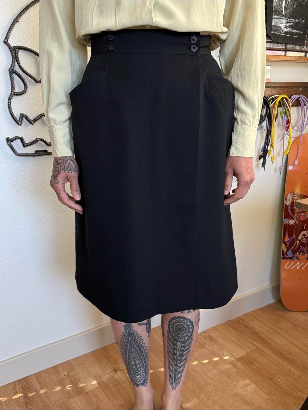 Vintage 80s Black Wool Midi Wrap Skirt ~ Size Small / 26"